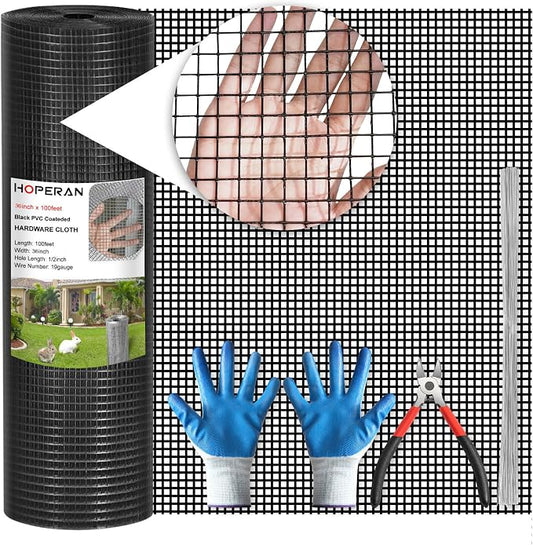 HOPERAN Black Hardware Cloth 1/2 inch 36inch x 100 Foot 19 Gauge - Vinyl Coated Welded Chicken Wire Fencing Mesh, PVC Wire Fence Roll for Garden Fence, Gopher Wire and Poultry Netting Cage