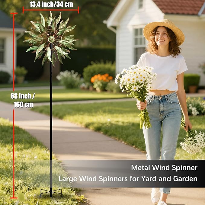 Large Wind Spinners Outdoor Metal, 360° Double-Layer Garden Wind Spinners Sculptures, 63" ×13.4", Kinetic Pinwheels for Yard and Garden Patio & Lawn (Green Copper)