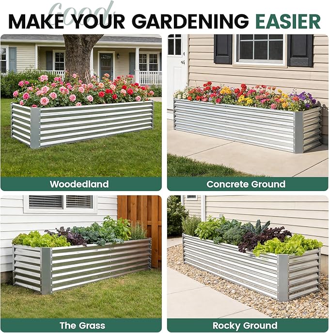 G GOOD GAIN 8x2x2 ft Galvanized Raised Garden Bed Kit, Large Metal Planter Box Outdoor for Vegetables, Flowers, Herbs, 240 Gallon Capacity Deep Root Design, Silver