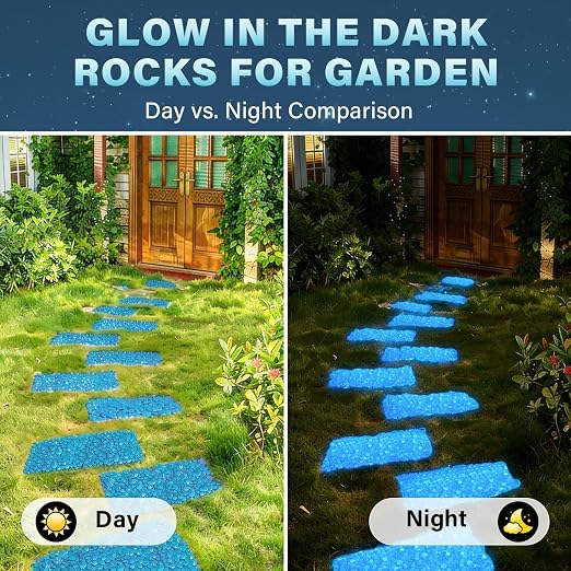 PoYang 500pcs Glow in The Dark Rocks Outdoor - Blue Resin Glowing Pebbles for Landscaping, Garden, Fish Tank and Aquarium Indoor Decor, Powered by Sunlight or Lamplight (0.4"-0.7"/pc, 0.6lbs/Bag)