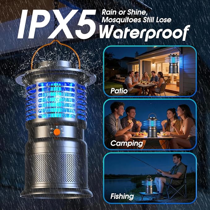Bug Zapper Outdoor, 2-in-1 Mosquito Zapper with Attraction Light & Airflow Trap, 12H Long-Lasting Rechargeable Cordless Fly Zapper, Auto ON/Off, IPX5 Waterproof or Patio, Camping, Garage