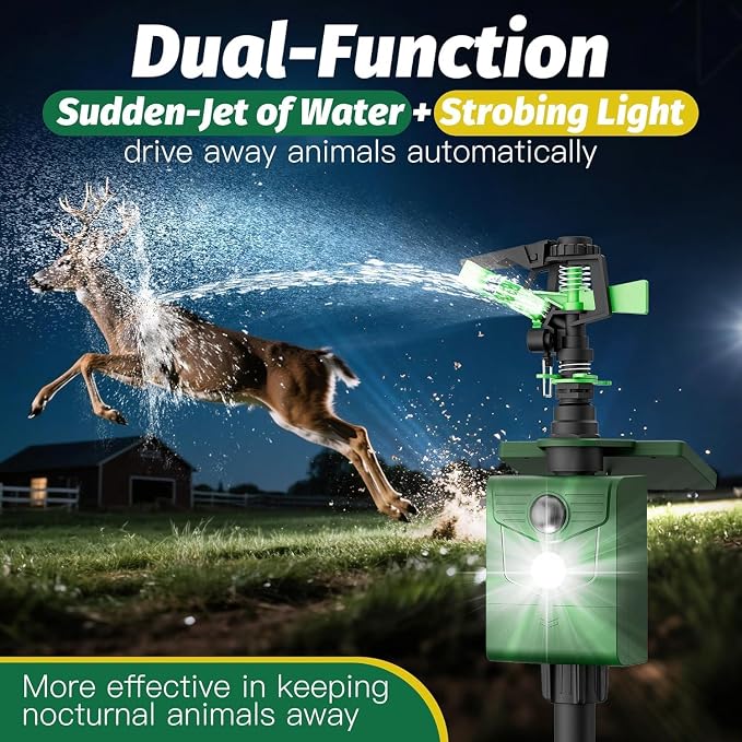 Motion Activated Sprinkler, Solar Animal Repellent Outdoor - 2 Packs Deer Cat Deterrent with Motion Sensor & Flashing Lights, IP65 Waterproof for Yard Garden Lawn Protection (Basic Version)