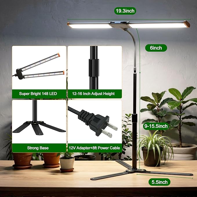 Grow Lights for Plants Growing,6000K White Full Spectrum Plant Lamp with Red Blue LED for Pot Succulents Seeds, Light Strip Foldable & Height Extendable 9-25'', Auto Timer 4 8 12Hrs