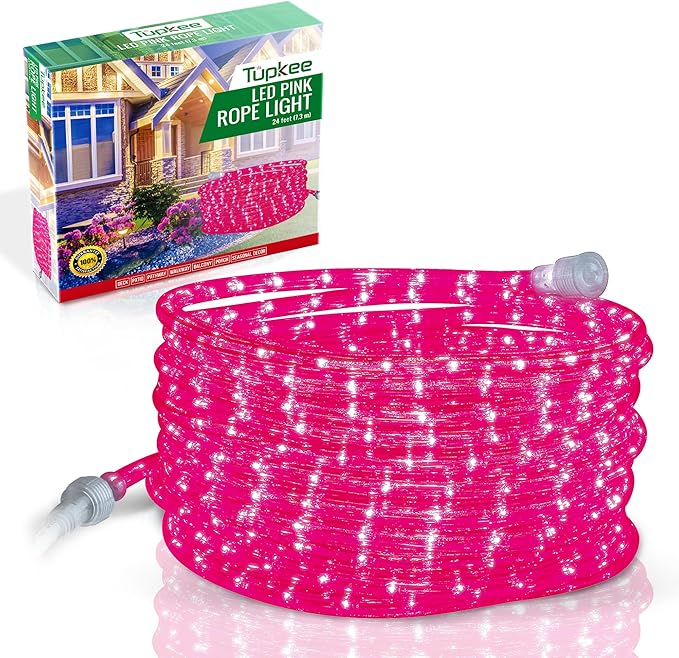 Tupkee LED Rope Light Pink - for Indoor and Outdoor use, 24 Feet (7.3 m) - 10MM Diameter - 144 LED Long Life Bulbs Decorative Rope Tube Lights