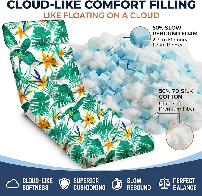 MAGIC ELEPHANT Chaise Lounge Cushion Outdoor, Memory Foam Patio Lounge Chair Cushion with Ties for Outdoor Furniture, 74 x 22 x 4 Inch (Tropical Monstera)