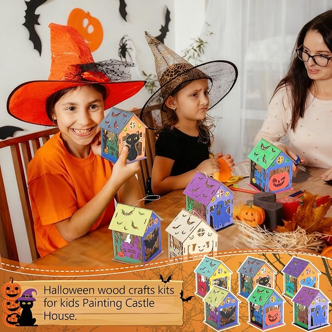 DoubleFill 12 Set Halloween Bird House Kits, Buildable DIY Birdhouse for Children, Wooden House, Arts and Crafts Set for Kids Adults Painting Halloween Party Decoration