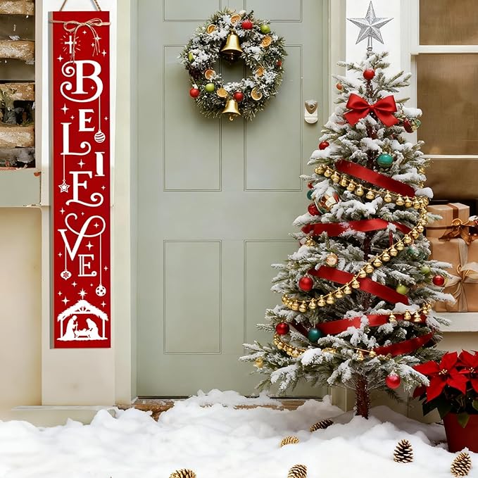 Christmas Porch Sign Believe Nativity Welcome Sign for Front Porch, Red ChristianWood Signs for Patio Jesus Tall Standing Wooden Yard Sign Bless Xmas Decoration for Indoor Outdoor