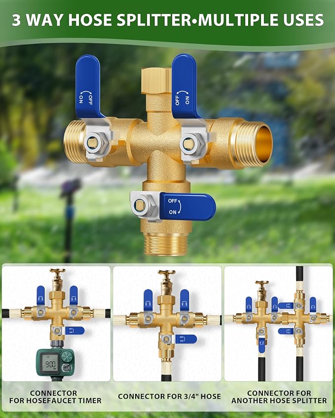 Garden Hose Splitter, 3 Way Heavy Duty Brass hose splitter, Water Hose Bib Spigot Splitter with 0.59" Full Flow Ball Valve Outlet & Shut-Off Valve 3/4'' Connector Outdoor Water Faucet Adapter（Blue）