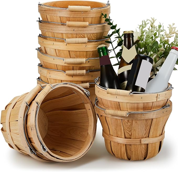 Marsui 10 Pcs Round Wooden Berry Baskets Small Bushel with Handles for Gifts Empty Basket Fruit Buckets for Picking Strawberry Fruits Flowers Crafts Home Wedding (Natural Wood)