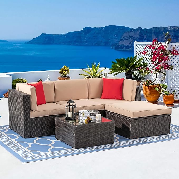 Vongrasig 5 Piece Patio Furniture Sets, Outdoor Patio Set Sectional Sofa, All-Weather PE Rattan Outdoor Couch with Ottoman, Glass Table for Garden, Backyard, Porch, Beige