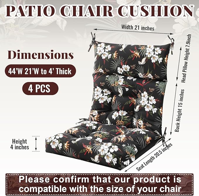 Sintuff 4 Pcs 44 x 21 x 4 Patio Chair Cushions Outdoor Chair Cushion Seat/Back Tufted Pillow with Ties Water Resistant Replacement Indoor Patio Furniture Outdoor Furniture (Fern Leaves,Black)