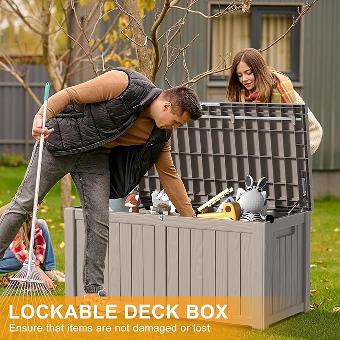 120 Gallon Outdoor Storage Box - Waterproof Resin Deck Box with Stainless Steel Rods - Lockable & UV Resistant Storage Bin for Patio Cushions & Garden Tools - Stylish Grey Design