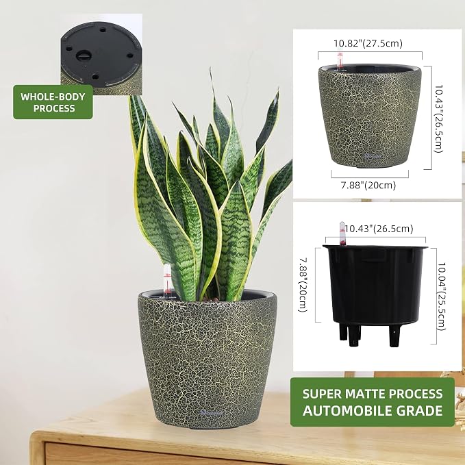 Dexceder 11x10 Self Watering Planter (Black Gold Crackle) | Inner Pot Design, Thickened Table Flower Plant Pot with Water Level Indicator Indoor Outdoor