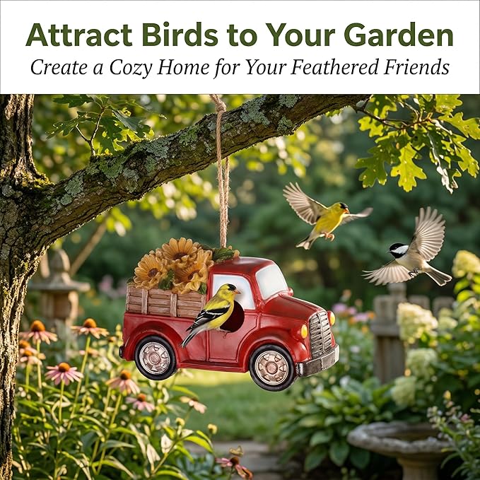 Polystone Resin Bird House Outdoor Garden Bird House, Red Truck with Flowers