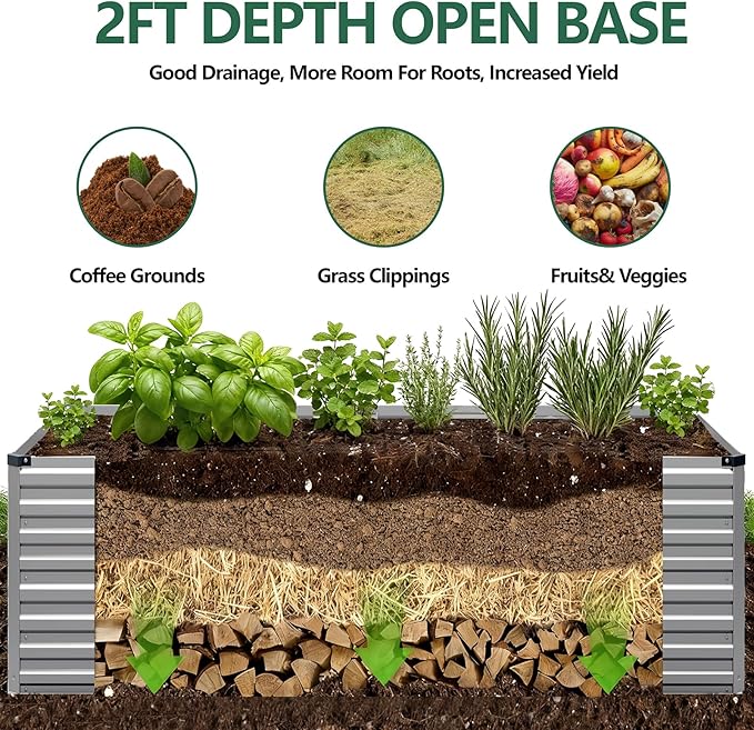 Vengarus 4x2x2FT Galvanized Raised Garden Bed Kit, Deep Root Planter Box Outdoor Large Planter Raised Beds for Planting Flowers,Vegetables and Herbs-Silver