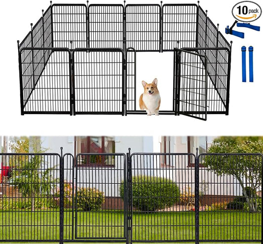 Tall Garden Fence Animal Barrier, 54 in(H) Dog Fence Outdoor for Yard, 10 Panels Total 22.1 Ft(L) Garden Fencing, 21 in Wide Low Threshold Gate Outdoor Dog Fence, Temporary Fences for Dogs