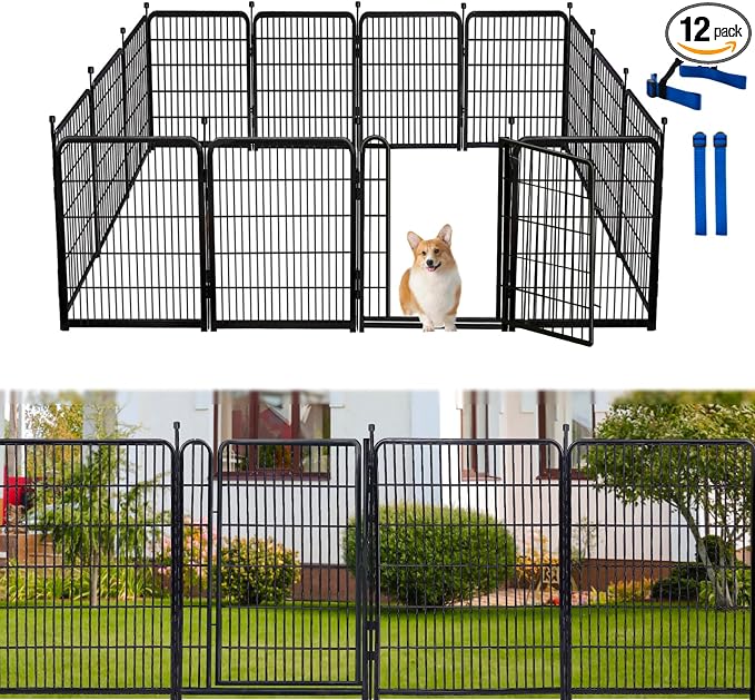 Garden Fencing 48 inch High, 12 Panels Total 26.6 Ft Dog Fence, 21 in Wide Low Threshold Gate Fencing for Dogs, Dog Fence Outdoor for Yard, Garden Fence Animal Barrier, Rabbit Fences