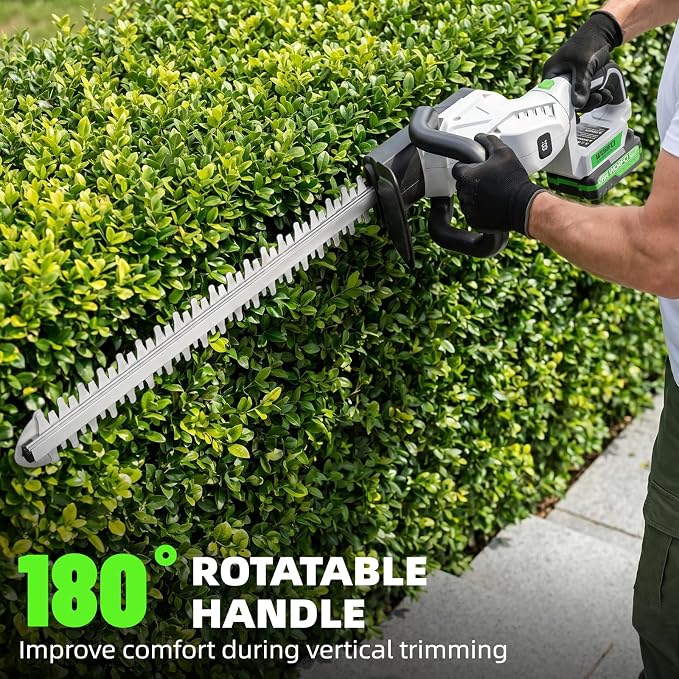 20-Inch Cordless Hedge Trimmer (Includes 2 Batteries and Charger), Electric Handheld Bush Trimmer, 180° Rotatable Handle, Grass Shrub Trimmers, Lightweight & Compact White
