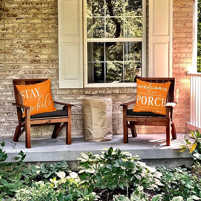 TAJWE Outdoor Pillow Covers Waterproof 18x18 Set of 2 Orange Decorative Fall Autumn Thanksgiving Pillowcases Welcome to Our Porch Stay Awhile Cushion Cases for Patio Furniture Sofa Couch Decor