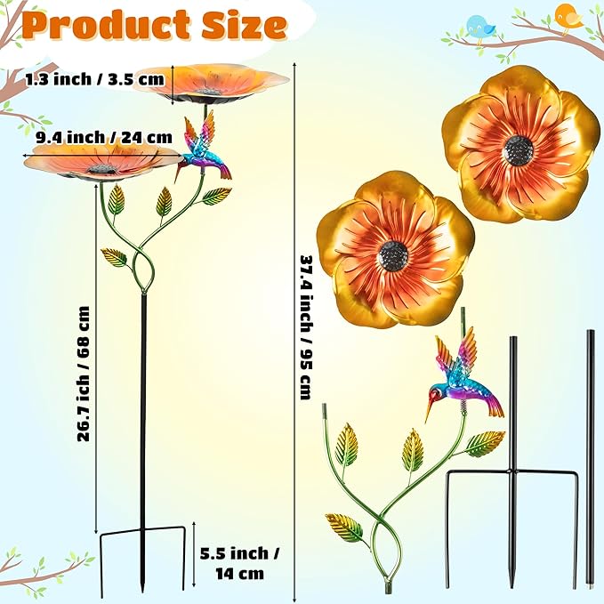 37.4 Inch Floral Metal Bird Bath for Outside - Standing Bird Feeder with Dual Flower Bowls Detachable Birdbath with Hummingbird Decor Metal Stake Base for Garden Yard Outdoor (Yellow)