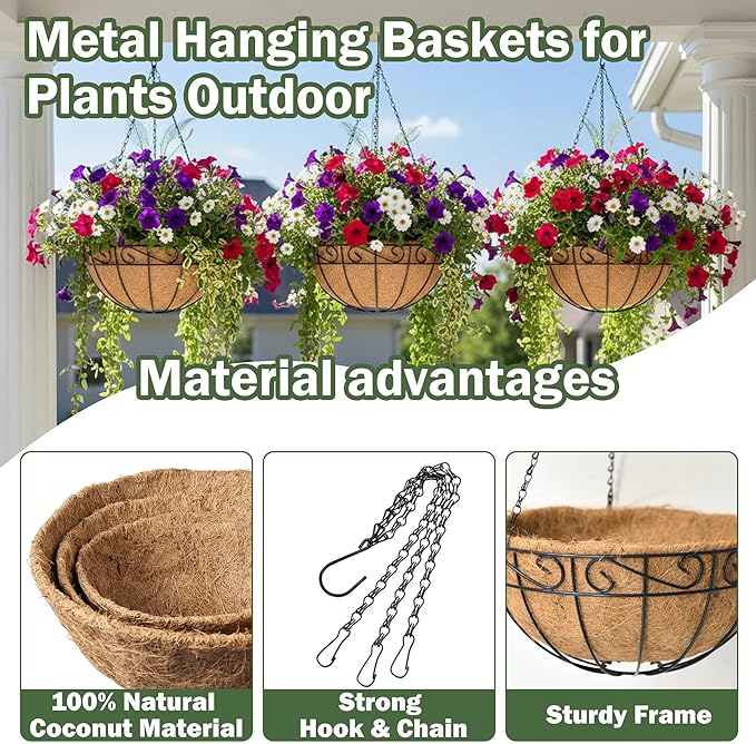 4 Pack 12 Inch Hanging Baskets for Plants Outdoor Metal Hanging Planter Basket with Coco Coir Liner Hanging Flower Baskets Hangings Flower Pots Holder for Garden, Patio(Flower)