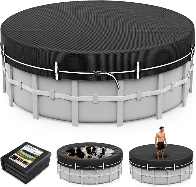 LXKCKJ 12 FT Round Pool Cover for Above Ground Pools, 420D Oxford | Waterproof 10000PA, 100MPH Windproof with 2 buckles and Ground nail set, 634N Tear-Resistant, UPF50+, 95% Evaporation Control