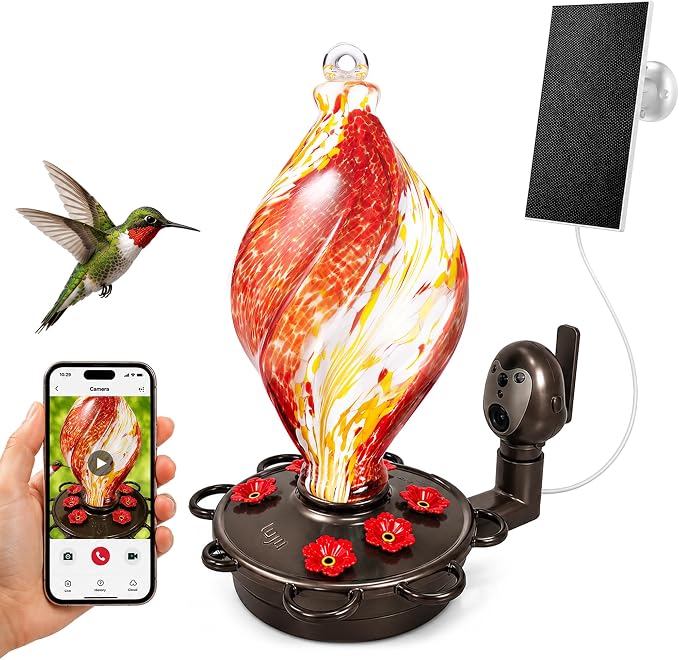 LUJII Smart Hummingbird Feeder with Camera, Hand Blown Glass for Outdoor Hanging, Solar WiFi Feeder with Live View App, 6 Feeding Ports, Leak-Resistant Design, Ant Moat & Gift Box, 28 fl oz, Red