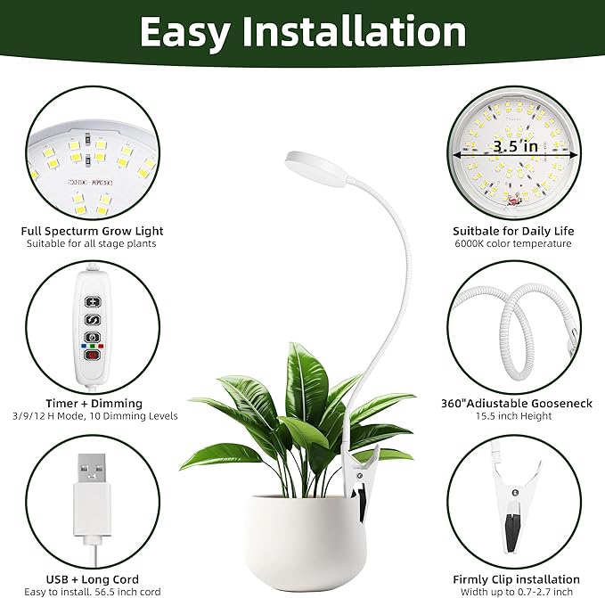 EWPJDK Grow Light for Indoor Plants Full Spectrum Plant Grow Lights 72 LED Plant Light Grow Lamp for Indoor Growing Pot Clip LED Plant Lamp (White, 1)