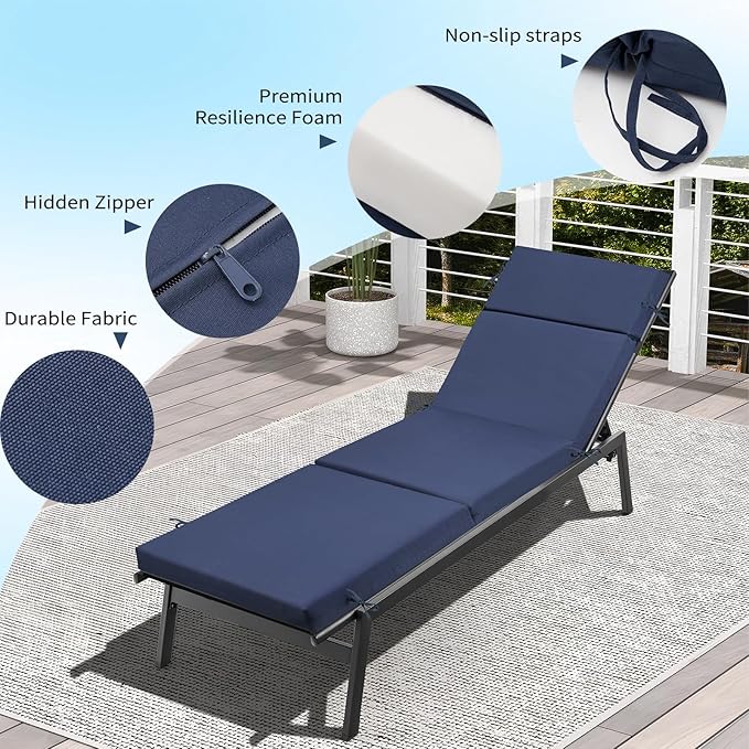Outdoor Chaise Lounge Cushion 72" x 21" x 3", 4-Section Folding Patio Lounge Chair Cushion with Ties, Waterproof & Fade Resistant Replacement Cushion for Pool, Patio, Deck (Blue, 2 Pcs)