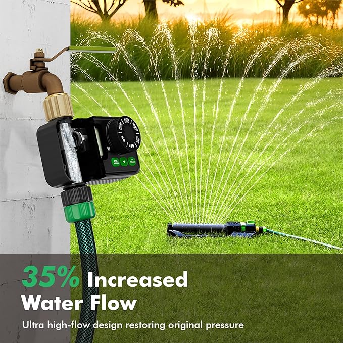 RESTMO Sprinkler Timer for Outdoor Hose Faucet, Up to 11h59m Programmable Watering Timer for Soaker Hose, Filling, Misting with Brass Inlet & Large Dial, Rain Delay/Manual/Automatic Irrigation System