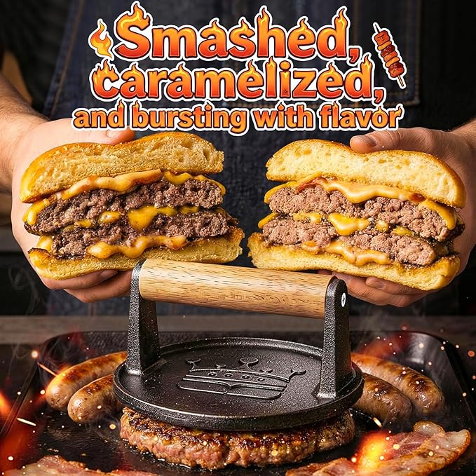 Smash Burger Press 6.5”, Cast Iron Flat Round Edge Grill/Bacon/Meat/Hamburger/Chef Press with Wood Handle, 1.74lb Hamburger Press Patty Maker, Nonstick Burger Smasher for Blackstone Griddle