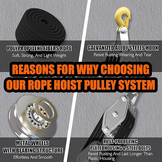 YATOINTO Rope Hoist Pulley System, 4400LB Block and Tackle Pulley System, 8:1 Lifting Power 65ft, Pulley Block for Lifting Loading Pulling with 1 Swing Hanger 2 Screws 2 Expansion Bolts