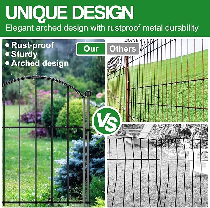10 Pack Decorative Garden Fence Animal Barrier Fence, 17 in x 10 ft Rustproof Metal No Dig Fence Panels, Arched Small Garden Fence Barrier for Dog Rabbit Flower Bed Edging Yard Ground Patio Defense