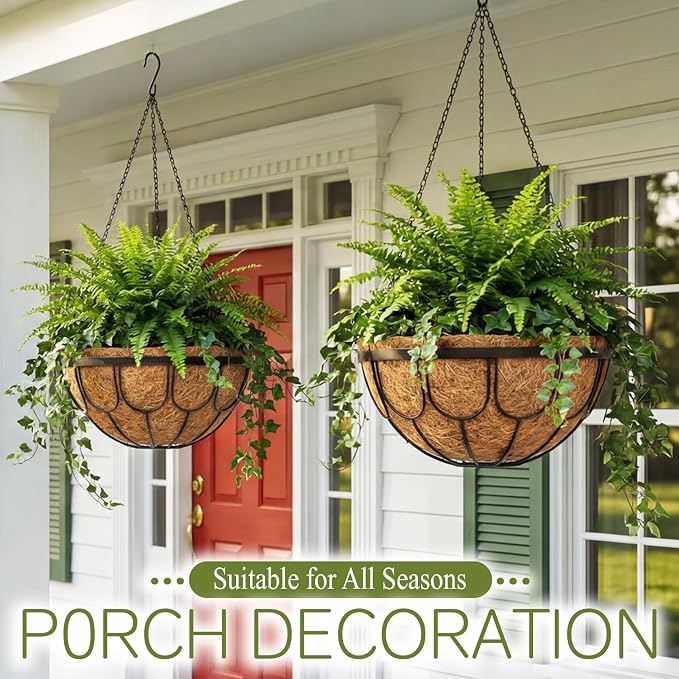 4 Pack 14 Inch Hanging Planters for Outdoor Plants, Black Metal Wire Hanging Flower Baskets with Coco Coir Liner, Large Hanging Plant Pots for Garden, Patio, Balcony, Indoor Home Decor