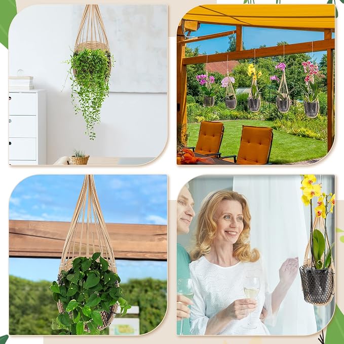 Weysat 10 Pack Hanging Orchid Planter Thai Bamboo Woven 4 Inch Bird Nest Style Orchid Hanging Basket Bamboo Flower Basket with Metal Hook for Trellis Gazebo Indoor Outdoor Wall Small Flower Planter