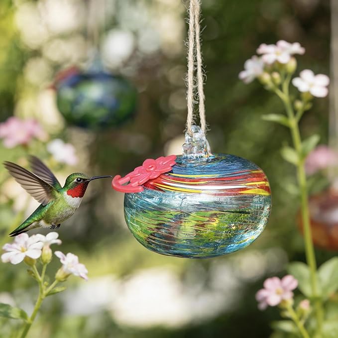 QFkris Blown Glass Hummingbird Feeder for Outdoors Hanging, Small Hummingbird Feeder with Flower Feeding Ports for Outside Garden Backyard Decor, Gifts for Women Mom(Blue)