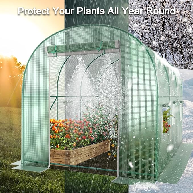 12x7x7 Walk-in Greenhouse with Watering System, Heavy Duty Green House for Outdoors, Portable Green Houses for Outside, Winter Hot House with Metal Frame & Roll-up Zipper Door Screen Windows