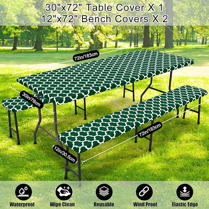 Smiry Picnic Table Cover with Bench Covers, Waterproof Elastic Fitted Tablecloth for 6 Foot Tables, Washable Polyester Tablecloths for Camping, Indoor & Outdoor (Emerald Green, 30x72 Inch 3-pc Set)