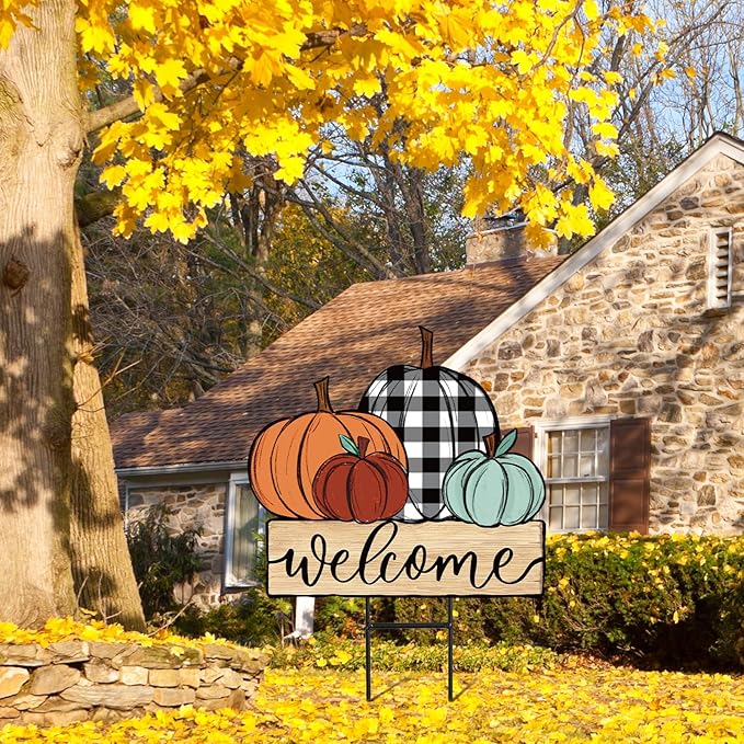 JarThenaAMCS Fall Pumpkin Metal Garden Stakes Farmhouse Rustic Pumpkin Decorative Lawn Sign Autumn Harvest Welcome Yard Sign for Thanksgiving Home Outside Lawn Porch Decor