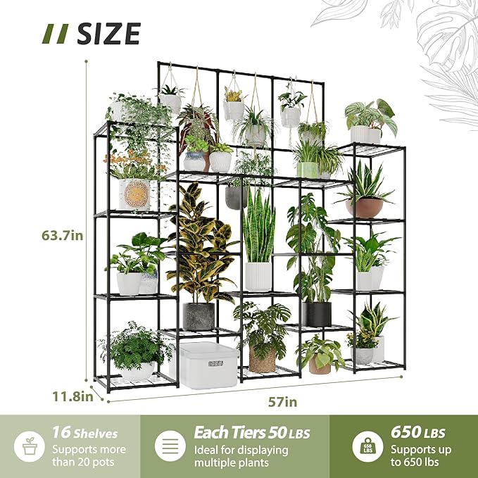 GENTINGBRO Metal Plant Stand Outdoor 63" Tall Plant Shelf for Plants 14-Tier Large Plant Sheves for Indoor Plants Living Room Heavy Duty Rack Garden Balcony Patio Hanging Planter