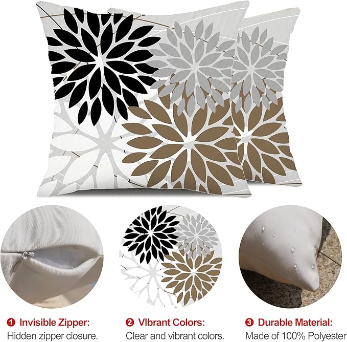 DFXSZ Outdoor Throw Pillow Covers 16x16 Inch Set of 2 Waterproof Spring Summer Geometric Elegant Black Brown Outdoor Pillow Covers for Patio Funiture Garden Couch 158G16