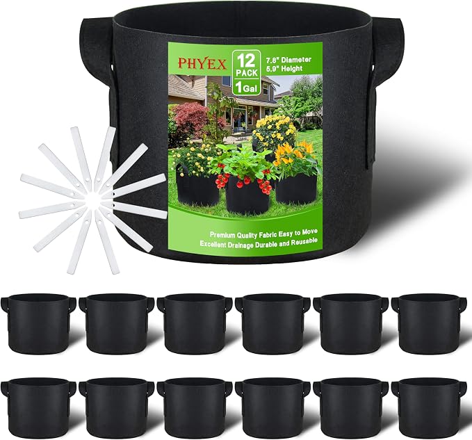 12-Pack 1 Gallon Nonwoven Grow Bags, Heavy Duty Aeration Fabric Pots with Durable Handles, Come with 12 Pcs Plant Labels