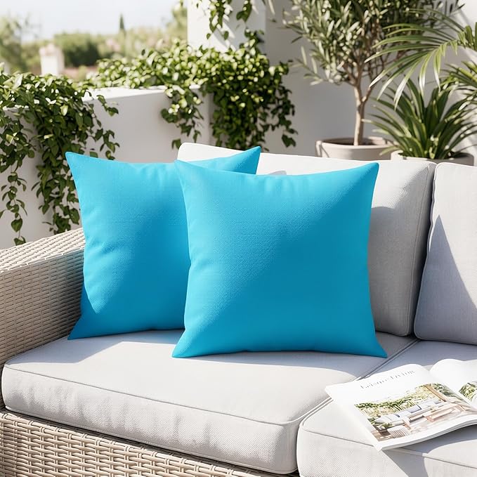 Lewondr Waterproof Outdoor Throw Pillow Cover, 2 Pack Solid PU Coating Throw Pillow Case UV Protection Garden Cushion Cover for Patio Sofa Couch Balcony 18"x18"(45x45cm), Light Blue