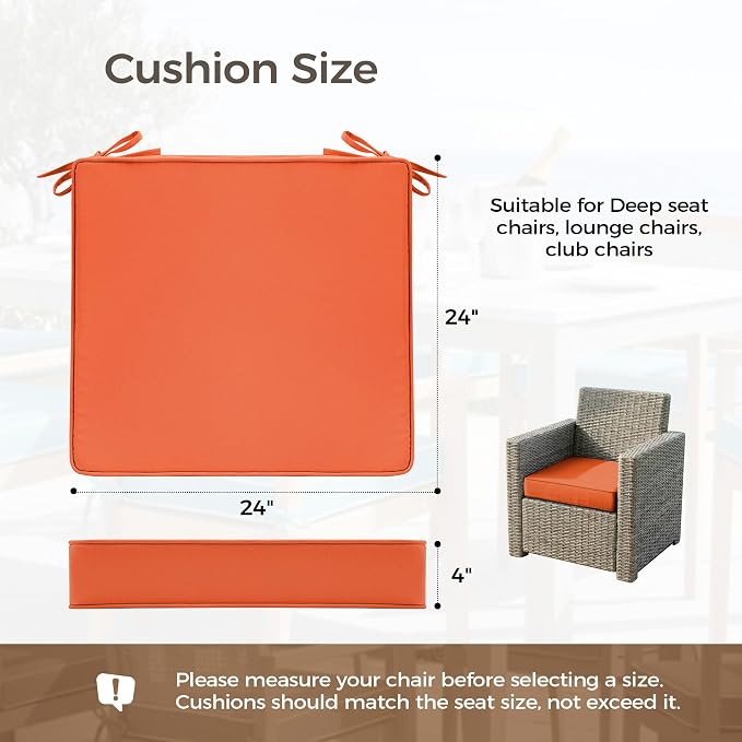 UNIKOME Outdoor Chair Cushions Set of 4, Water Resistant Patio Seat Cushions with Ties for Outdoor Furniture, High-Density Foam, UV & Fade Resistant, Piped Edge – 24" x 24" x 4", Orange