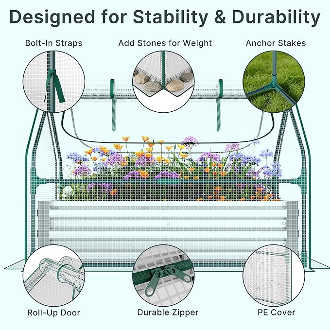 Miory Raised Garden Bed with PE Cover, 4x2.5x1 FT Galvanized Planter Box Outdoor with Mini Greenhouse, 2 Zippered Windows for Vegetables, Flowers, Includes Plant Labels & Gloves