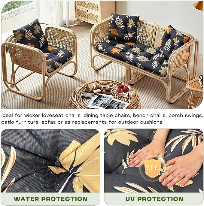 Wicker Chair Cushions Set, 2 U-Shaped Cushions & 1 Loveseat, Waterproof Outdoor Loveseat Cushion for Patio Furniture, Settee Bench Pad All Weather,YellowLeaf