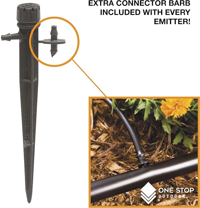One Stop Outdoor (100-PACK) Professional Grade: 0-10 GPH 360 Degree Adjustable Dripper On Stake, Extra Connector Included! - Barbed Connection - Drip Irrigation Emitter Sprinklers (Emitter On Stake)