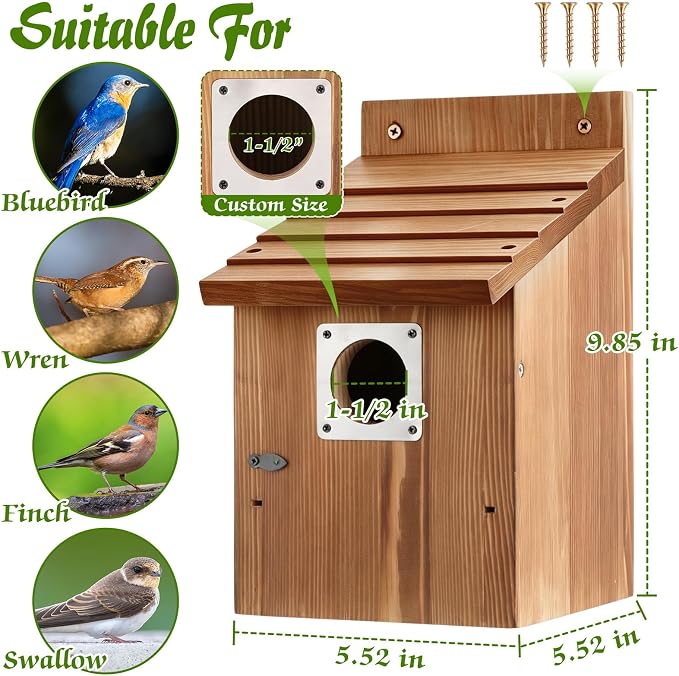 Dreyoo 4 Pack Bluebird Houses for Outside with Metal Predator Guard, 1-1/2" Entrance Hole Wooden Blue Bird Houses for Outdoors, Bluebird Nesting Box(Burnt Wood)