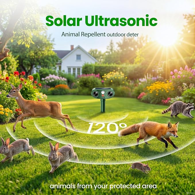 2026 Upgraded Ultrasonic Solar Animal Repellent Outdoor, Deer Repellent Devices Squirrel Cat Raccoon Rabbit Dog Deterrent with Motion Sensor for Yard Garden Lawn