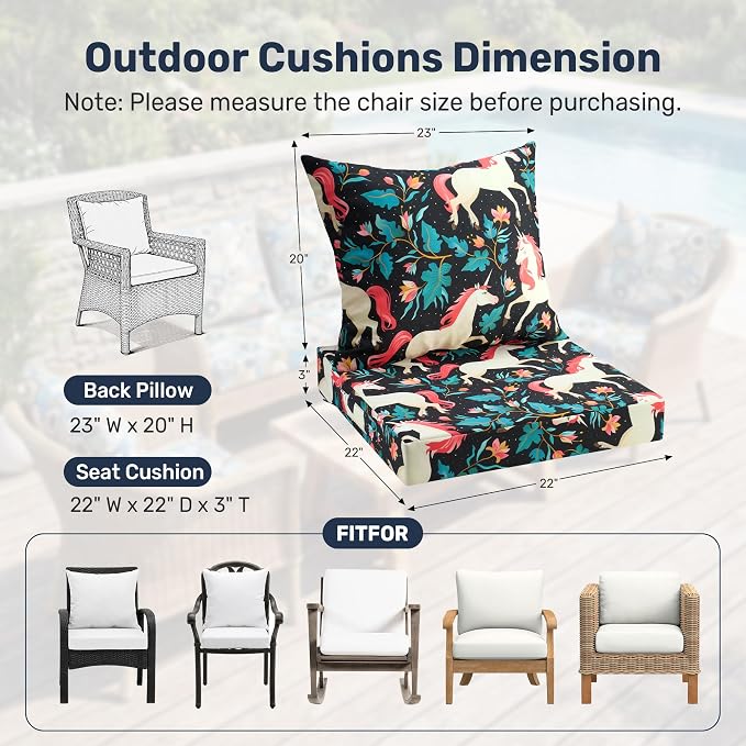 UNIKOME Outdoor Seat Cushions 22 X 22 Inch - Water-Resistant & Fade Resistant, Removable Cover Patio Furniture Cushions for Chair, Sofa, Couch, Wicker, Unicorn